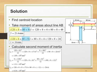Solution
• Find centroid location
• Take moment of areas about line AB
• Calculate second moment of inertia
35
 
