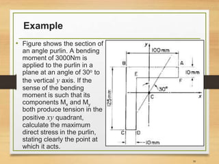 Example
• Figure shows the section of
an angle purlin. A bending
moment of 3000Nm is
applied to the purlin in a
plane at an angle of 30o to
the vertical y axis. If the
sense of the bending
moment is such that its
components Mx and My
both produce tension in the
positive xy quadrant,
calculate the maximum
direct stress in the purlin,
stating clearly the point at
which it acts.
38
 