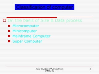 Ashis Talukder, EMA, Department
of MIS, DU
6
 On the basis of Size & Data process
 Microcomputer
 Minicomputer
 Mainframe Computer
 Super Computer
Classification of computer
 