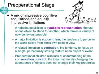 Preoperational Stage A mix of impressive cognitive  acquisitions and equally  impressive limitations A notable acquisition is  symbolic representation , the use of one object to stand for another, which makes a variety of new behaviors possible A major limitation is  egocentrism ,  the tendency to perceive the world solely from one’s own point of view A related limitation is  centration ,  the tendency to focus on a single, perceptually striking feature of an object or event Preoperational children also lack of understanding of the  conservation concept ,  the idea that merely changing the appearance of objects does not change their key properties 