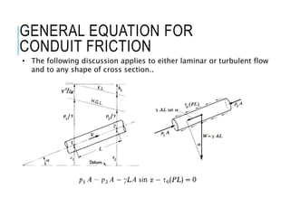GENERAL EQUATION FOR
CONDUIT FRICTION
• The following discussion applies to either laminar or turbulent flow
and to any shape of cross section..
 