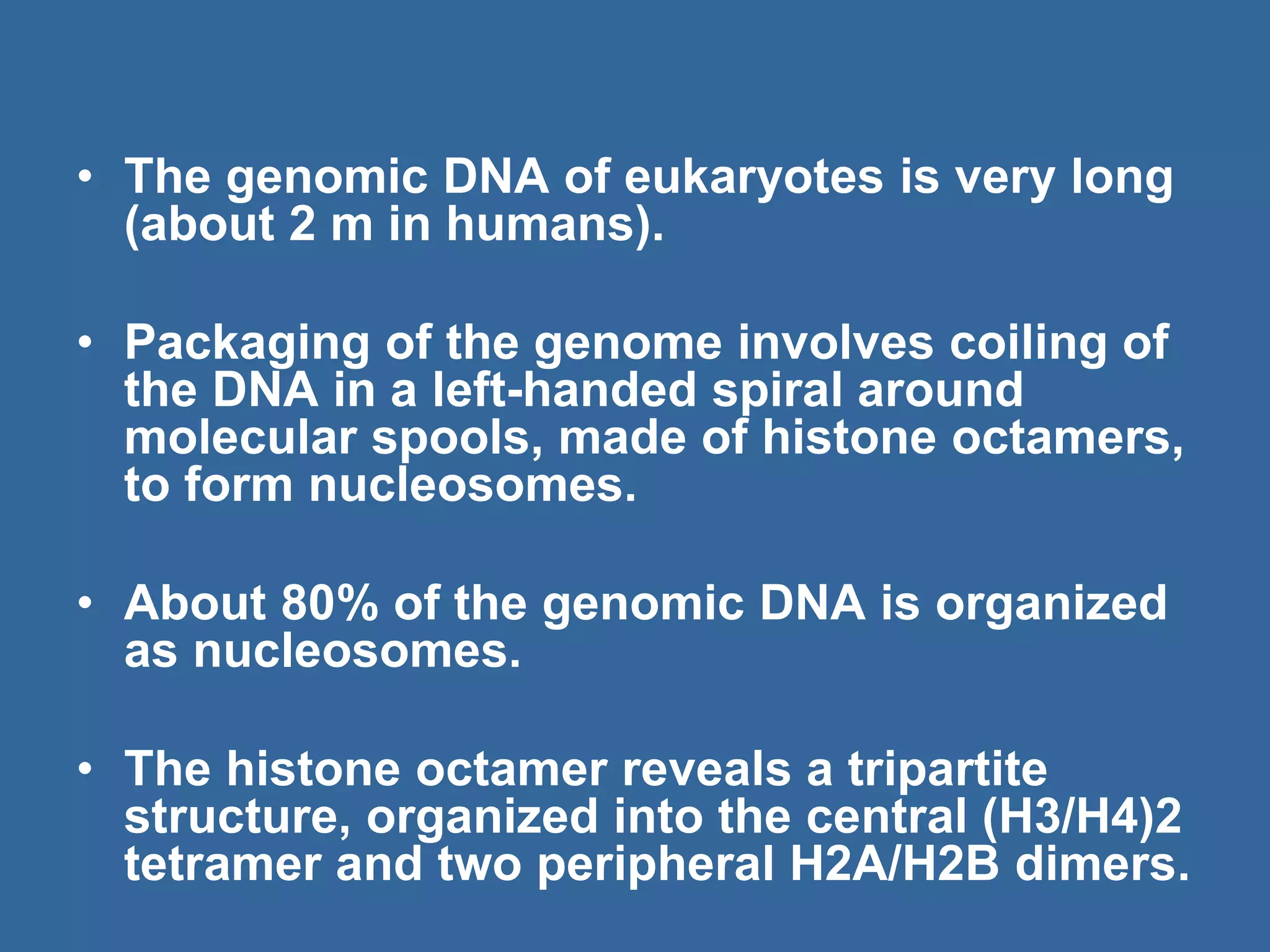 • The genomic DNA of eukaryotes is very long
(about 2 m in humans).
• Packaging of the genome involves coiling of
the DNA in a left-handed spiral around
molecular spools, made of histone octamers,
to form nucleosomes.
• About 80% of the genomic DNA is organized
as nucleosomes.
• The histone octamer reveals a tripartite
structure, organized into the central (H3/H4)2
tetramer and two peripheral H2A/H2B dimers.
 