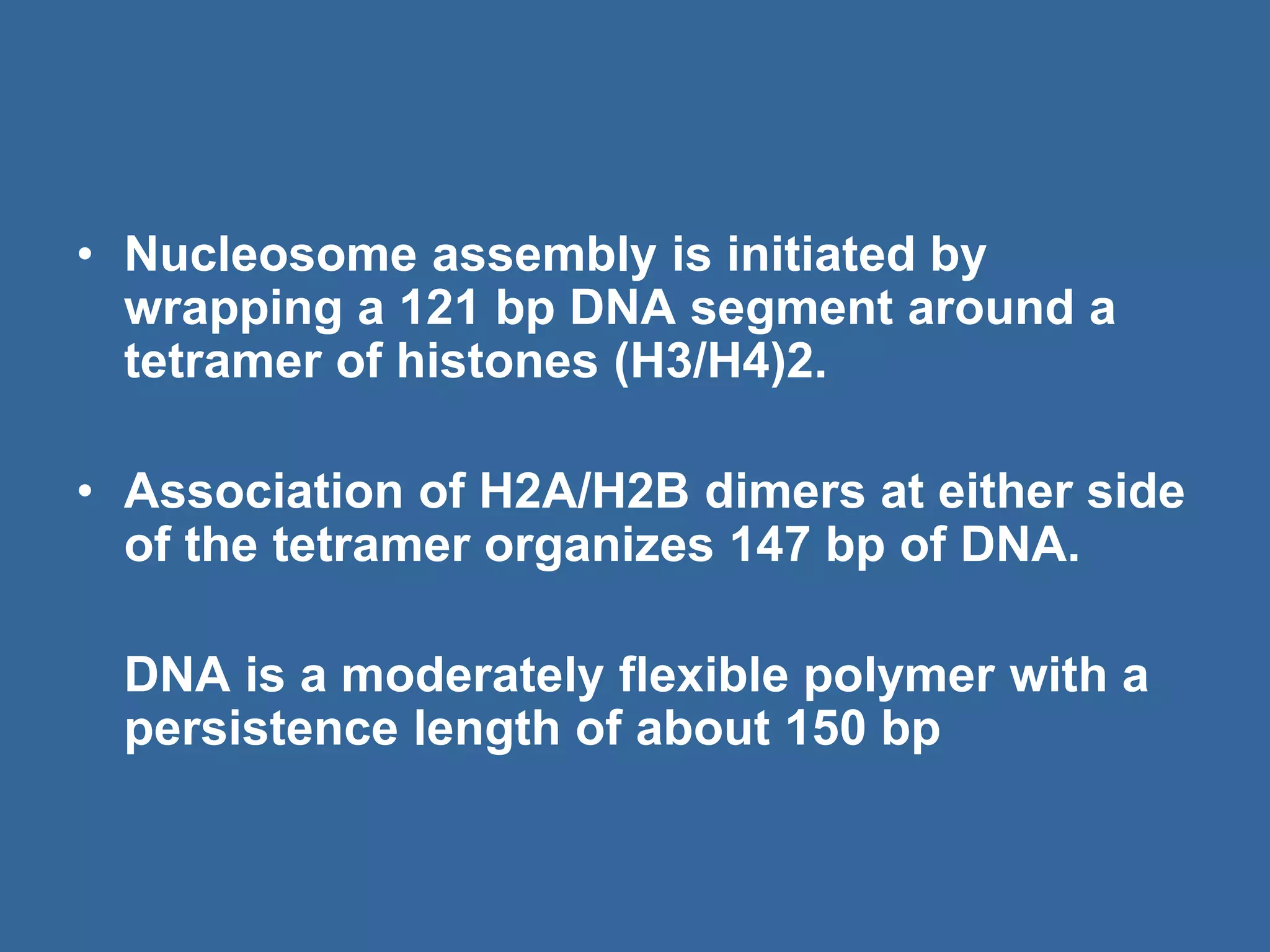 • Nucleosome assembly is initiated by
wrapping a 121 bp DNA segment around a
tetramer of histones (H3/H4)2.
• Association of H2A/H2B dimers at either side
of the tetramer organizes 147 bp of DNA.
DNA is a moderately flexible polymer with a
persistence length of about 150 bp
 