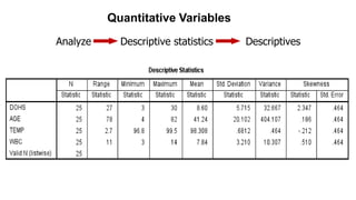 25
Analyze Descriptive statistics Descriptives
Quantitative Variables
 