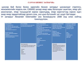 Key partners
Гол түншүүд хэн бэ?
Гол нийлүүлэгч нар чинь хэн бэ?
Түнш нар чинь ямар үйл ажиллагаа
гүйцэтгэдэг вэ?
Түнш нараасаа юу авдаг вэ?
Яагаад түншлэх вэ?
Эрсдэл, тодорхой бус байдлыг
бууруулах
Тодорхой нөөцийг олж эзэмших,
үйл ажиллагаа явуулах
Key activities
Үнэ цэнэ бий болгохын тулд ямар
үйл ажиллагаа явуулдаг вэ?
Value propositions
Хэрэглэгчдэд ямар үнэ санал
болгодог вэ?
Хэрэглэгчийн ямар асуудлыг та нар
шийдвэрлэдэг вэ?
Хэрэглэгчийн сегмент бүр ямар
ямар бүтээгдэхүүн, үйлчилгээ санал
болгодог вэ?
Хэрэглэгчийн ямар хэрэгцээ
шаардлагыг та нар хангаж чаддаг
вэ?
Шинж чанар
Шинэлэг
Найдвартай гүйцэтгэл
Загвар
Брэнд
Үнэ
Бага зардалтай
Тухтай
Customer relationships
Харилцагчийн сегмент
бүртэйгээ ямар төрлийн
харилцаа тогтоох, харилцаатай
байхыг хүсч байна вэ?
Жишээ нь:
Хувийн тусламж
Тусгайлсан үйлчилгээ
Өөртөө үйлчлэх
Автомат үйлчилгээ
Customer segments
Хэнд зориулж үнэ цэнэ
үүсгэж байгаа вэ?
Хэн хамгийн чухал
харилцагч нар вэ?
Масс
Онцгой
Сегментчилсэн
Төрөлжсан
Олон талт
Key resources
Үнэ цэнэ үүсгэхийн тулд үндсэн ямар
ямар нөөцийг ашиглаж байна вэ?
Төрлүүд
Биет
Оюуны
Хүний
Санхүүгийн
Channels
Ямар сувгаар хэрэглэгчдийнхээ
сегментэд хүрж ажилладаг вэ?
Тэдэнд яаж хүрэх вэ?
Аль нь хамгийн сайн бэ?
Аль нь хамгийн өртөг зардал
багатай вэ?
CANVAS БИЗНЕС ЗАГВАР НЬ:
шинээр бий болох болон одоогийн бизнес загварыг шинжилдэг стратеги,
менежментийн модель юм. CANVAS загвар ямар нөөц бололцоог ашиглан, ямар үйл
ажиллагааг, ямар түншүүдтэй хэрхэн харилцаад, ямар хэрэглэгчид хэрхэн хүрч
ямар ямар зардалтайгаар орлого олж, үнэ цэнэ бүтээхийг нэг нүүрт багтаадаг.
Уг загварыг Alexander Osterwalder анх боловсруулж 2008 онд олон нийтэд
танилцуулсан.
 