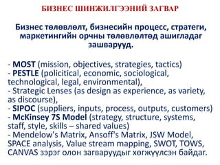 БИЗНЕС ШИНЖИЛГЭЭНИЙ ЗАГВАР
Бизнес төлөвлөлт, бизнесийн процесс, стратеги,
маркетингийн орчны төлөвлөлтөд ашигладаг
зашварууд.
- MOST (mission, objectives, strategies, tactics)
- PESTLE (policitical, economic, sociological,
technological, legal, environmental),
- Strategic Lenses (as design as experience, as variety,
as discourse),
- SIPOC (suppliers, inputs, process, outputs, customers)
- McKinsey 7S Model (strategy, structure, systems,
staff, style, skills – shared values)
- Mendelow's Matrix, Ansoff's Matrix, JSW Model,
SPACE analysis, Value stream mapping, SWOT, TOWS,
CANVAS зэрэг олон загваруудыг хөгжүүлсэн байдаг.
 