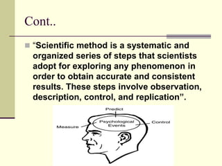 Cont..
 “Scientific method is a systematic and
organized series of steps that scientists
adopt for exploring any phenomenon in
order to obtain accurate and consistent
results. These steps involve observation,
description, control, and replication”.
 