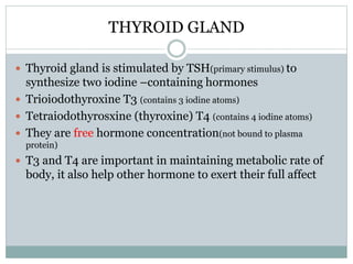THYROID GLAND
 Thyroid gland is stimulated by TSH(primary stimulus) to
synthesize two iodine –containing hormones
 Trioiodothyroxine T3 (contains 3 iodine atoms)
 Tetraiodothyrosxine (thyroxine) T4 (contains 4 iodine atoms)
 They are free hormone concentration(not bound to plasma
protein)
 T3 and T4 are important in maintaining metabolic rate of
body, it also help other hormone to exert their full affect
 