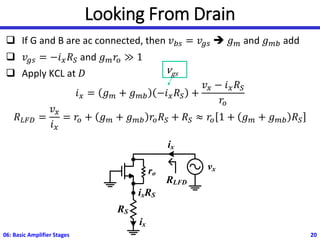 Looking From Drain
❑ If G and B are ac connected, then 𝑣𝑏𝑠 = 𝑣𝑔𝑠 ➔ 𝑔𝑚 and 𝑔𝑚𝑏 add
❑ 𝑣𝑔𝑠 = −𝑖𝑥𝑅𝑆 and 𝑔𝑚𝑟𝑜 ≫ 1
❑ Apply KCL at 𝐷
𝑖𝑥 = 𝑔𝑚 + 𝑔𝑚𝑏 −𝑖𝑥𝑅𝑆 +
𝑣𝑥 − 𝑖𝑥𝑅𝑆
𝑟𝑜
𝑅𝐿𝐹𝐷 =
𝑣𝑥
𝑖𝑥
= 𝑟𝑜 + 𝑔𝑚 + 𝑔𝑚𝑏 𝑟𝑜𝑅𝑆 + 𝑅𝑆 ≈ 𝑟𝑜 1 + 𝑔𝑚 + 𝑔𝑚𝑏 𝑅𝑆
06: Basic Amplifier Stages 20
RS
vx
RLFD
ix
ixRS
ix
ro
vgs
 