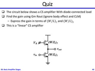 Quiz
❑ The circuit below shows a CS amplifier With diode-connected load
❑ Find the gain using Gm Rout (ignore body effect and CLM)
– Express the gain in terms of (𝑊/𝐿)1 and (𝑊/𝐿)2
❑ This is a “linear” CS amplifier
06: Basic Amplifier Stages 40
VB
(W/L)1
(W/L)2
vin
vout
 