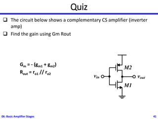 Quiz
❑ The circuit below shows a complementary CS amplifier (inverter
amp)
❑ Find the gain using Gm Rout
Gm = - (gm1 + gm2)
Rout = ro1 // ro2
06: Basic Amplifier Stages 41
M1
M2
vin vout
 