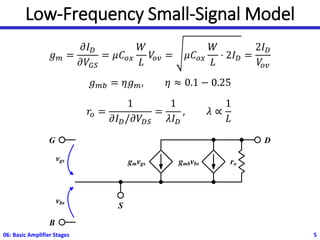 Low-Frequency Small-Signal Model
𝑔𝑚 =
𝜕𝐼𝐷
𝜕𝑉𝐺𝑆
= 𝜇𝐶𝑜𝑥
𝑊
𝐿
𝑉
𝑜𝑣 = 𝜇𝐶𝑜𝑥
𝑊
𝐿
⋅ 2𝐼𝐷 =
2𝐼𝐷
𝑉
𝑜𝑣
𝑔𝑚𝑏 = 𝜂𝑔𝑚, 𝜂 ≈ 0.1 − 0.25
𝑟𝑜 =
1
𝜕𝐼𝐷/𝜕𝑉𝐷𝑆
=
1
𝜆𝐼𝐷
, 𝜆 ∝
1
𝐿
06: Basic Amplifier Stages 5
gmvgs ro
gmbvbs
G D
S
B
vgs
vbs
 