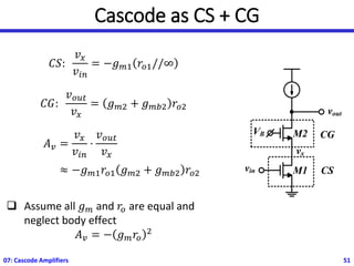 Cascode as CS + CG
𝐶𝑆:
𝑣𝑥
𝑣𝑖𝑛
= −𝑔𝑚1 𝑟𝑜1//∞
𝐶𝐺:
𝑣𝑜𝑢𝑡
𝑣𝑥
= 𝑔𝑚2 + 𝑔𝑚𝑏2 𝑟𝑜2
𝐴𝑣 =
𝑣𝑥
𝑣𝑖𝑛
⋅
𝑣𝑜𝑢𝑡
𝑣𝑥
≈ −𝑔𝑚1𝑟𝑜1 𝑔𝑚2 + 𝑔𝑚𝑏2 𝑟𝑜2
❑ Assume all 𝑔𝑚 and 𝑟𝑜 are equal and
neglect body effect
𝐴𝑣 = − 𝑔𝑚𝑟𝑜
2
07: Cascode Amplifiers 51
vout
VB
vin M1
M2
CS
CG
vx
 