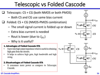Telescopic vs Folded Cascode
❑ Telescopic: CS + CG (both NMOS or both PMOS)
– Both CS and CG use same bias current
❑ Folded: CS + CG (NMOS-PMOS combination)
– The small signal current is folded up or down
– Extra bias current is needed
– Rout is lower (due to 𝐼𝐵1)
– Why is it useful?
07: Cascode Amplifiers 56
vout
VB
vin M1
M2
CS
CG
vout
VB M2
CS
CG
vin M1
IB1
IB2
 