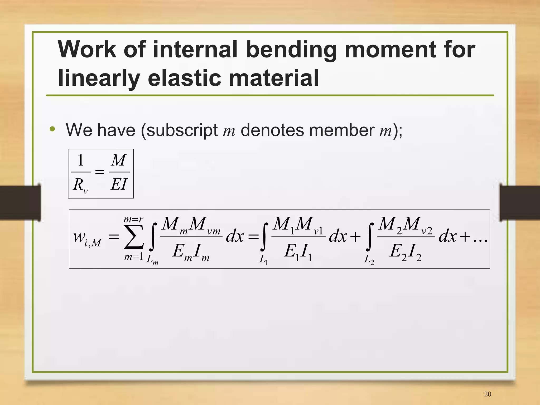 Work of internal bending moment for
linearly elastic material
• We have (subscript m denotes member m);
EI
M
Rv

1
...
21 22
22
11
11
1
,   

 L
v
L
v
rm
m L mm
vmm
Mi dx
IE
MM
dx
IE
MM
dx
IE
MM
w
m
20
 