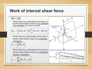 Work of internal shear force
AS  
• Work done by small shear force due to
small virtual shear strain for an element
of a member (β is form factor):
xSxdA
A
S
xdAw vv
A
vSi   ,
• Work done by small shear force due to
small virtual shear strain for a member
of length L:

L
vSi dxSw ,
δS
• Work done by small shear force due to
small virtual shear strain for a structure
having r members:




rm
m L
vmmmSi dxSw
1
, 
17
 
