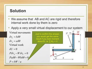 Solution
• We assume that AB and AC are rigid and therefore
internal work done by them is zero
• Apply a very small virtual displacement to our system
29
Just to confirm the answer,
you would get the same
result if you took moment
about B, i.e. 𝑀 𝐵 = 0
Virtual movements
C
A
r b
r a
 
 


Virtual work
0
0
0
/
A C
U
P r W r
Pa Wb
P bW a

 
 

 
 

 