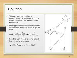 Solution
• This structure has 1 degree of
indeterminacy, i.e. 4 reaction (support)
forces, unknowns, and 3 equations of
equilibrium
• Let’s apply an infinitesimally small virtual
displacement where we intend to get the
force
• Equating work done by external force to
that of internal force gives
31
BvCv
CvBv
,,
,,
3
4
43
)tan( 




kNFF ABBvABCv 4030 ,, 
 