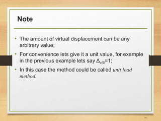 Note
• The amount of virtual displacement can be any
arbitrary value;
• For convenience lets give it a unit value, for example
in the previous example lets say Δv,B=1;
• In this case the method could be called unit load
method.
34
 