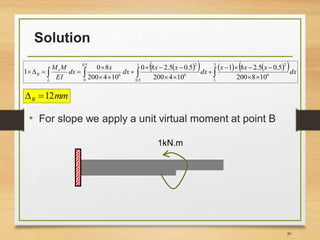 Solution
40
mmB 12
• For slope we apply a unit virtual moment at point B
       
 








3
1
6
21
5.0
6
25.0
0
6
108200
5.05.281
104200
5.05.280
104200
80
1 dx
xxx
dx
xx
dx
x
dx
EI
MM
L
v
B
1kN.m
 