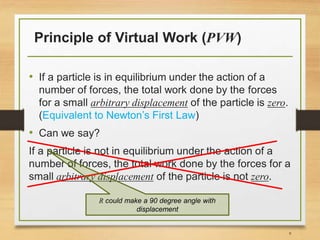 Principle of Virtual Work (PVW)
• If a particle is in equilibrium under the action of a
number of forces, the total work done by the forces
for a small arbitrary displacement of the particle is zero.
(Equivalent to Newton’s First Law)
• Can we say?
If a particle is not in equilibrium under the action of a
number of forces, the total work done by the forces for a
small arbitrary displacement of the particle is not zero.
R could make a 90 degree angle with
displacement
9
 