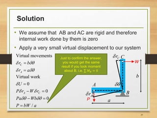 Solution
• We assume that AB and AC are rigid and therefore
internal work done by them is zero
• Apply a very small virtual displacement to our system
29
Just to confirm the answer,
you would get the same
result if you took moment
about B, i.e. 𝑀 𝐵 = 0
Virtual movements
C
A
r b
r a
 
 


Virtual work
0
0
0
/
A C
U
P r W r
Pa Wb
P bW a

 
 

 
 

A
C
B
W
P a
b
Cr
Ar

 