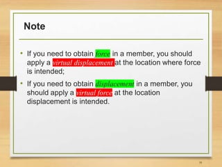 Note
• If you need to obtain force in a member, you should
apply a virtual displacement at the location where force
is intended;
• If you need to obtain displacement in a member, you
should apply a virtual force at the location
displacement is intended.
35
 