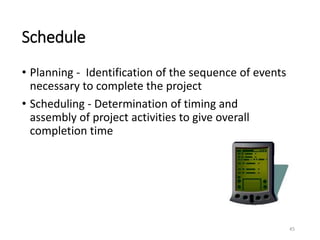 Schedule
• Planning - Identification of the sequence of events
necessary to complete the project
• Scheduling - Determination of timing and
assembly of project activities to give overall
completion time
45
 