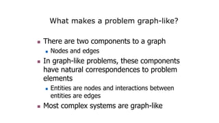 What makes a problem graph-like?
 There are two components to a graph
 Nodes and edges
 In graph-like problems, these components
have natural correspondences to problem
elements
 Entities are nodes and interactions between
entities are edges
 Most complex systems are graph-like
 