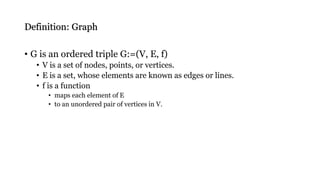 Definition: Graph
• G is an ordered triple G:=(V, E, f)
• V is a set of nodes, points, or vertices.
• E is a set, whose elements are known as edges or lines.
• f is a function
• maps each element of E
• to an unordered pair of vertices in V.
 