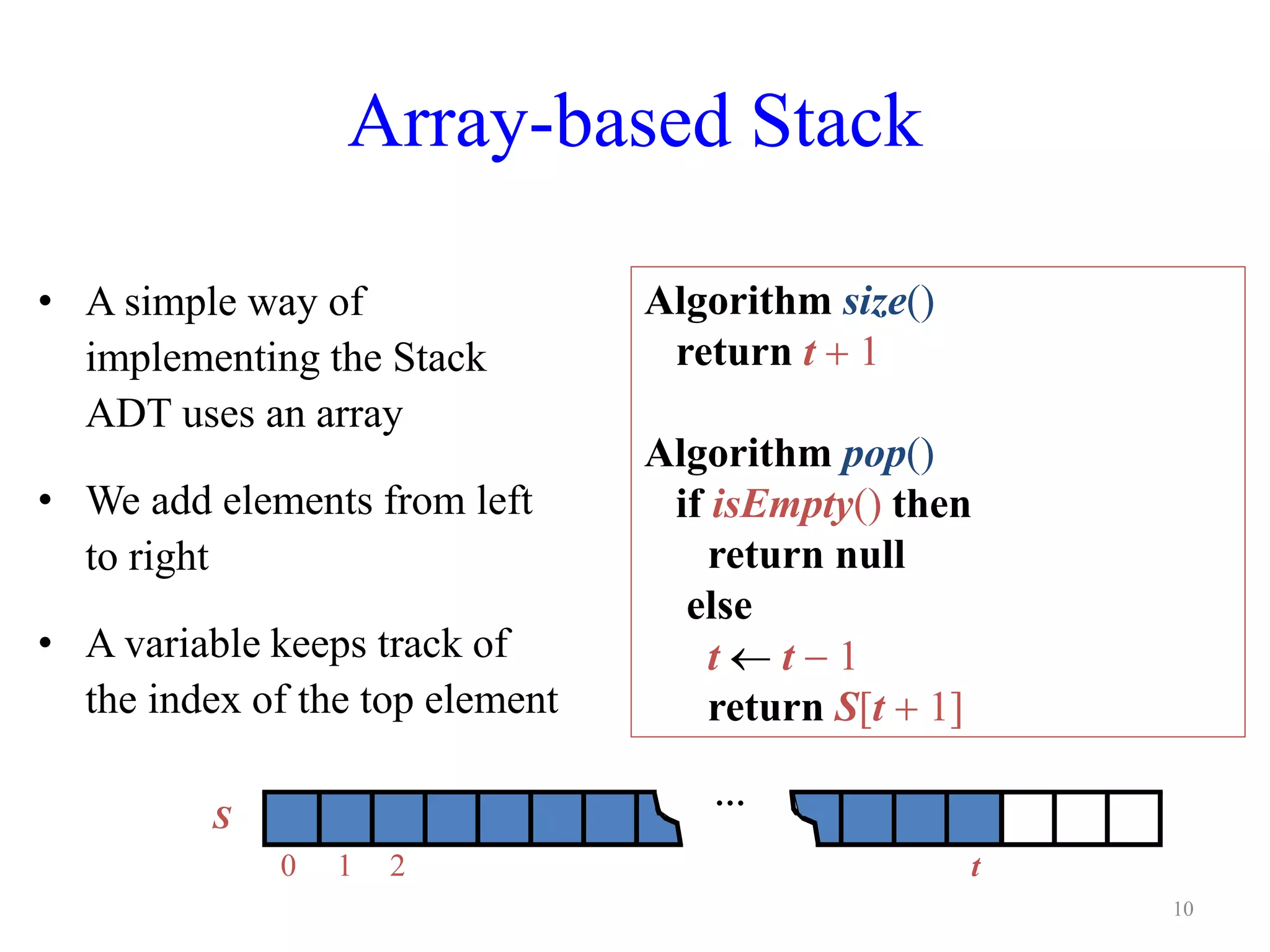 Array-based Stack
• A simple way of
implementing the Stack
ADT uses an array
• We add elements from left
to right
• A variable keeps track of
the index of the top element
S
0 1 2 t
…
Algorithm size()
return t + 1
Algorithm pop()
if isEmpty() then
return null
else
t  t  1
return S[t + 1]
10
 