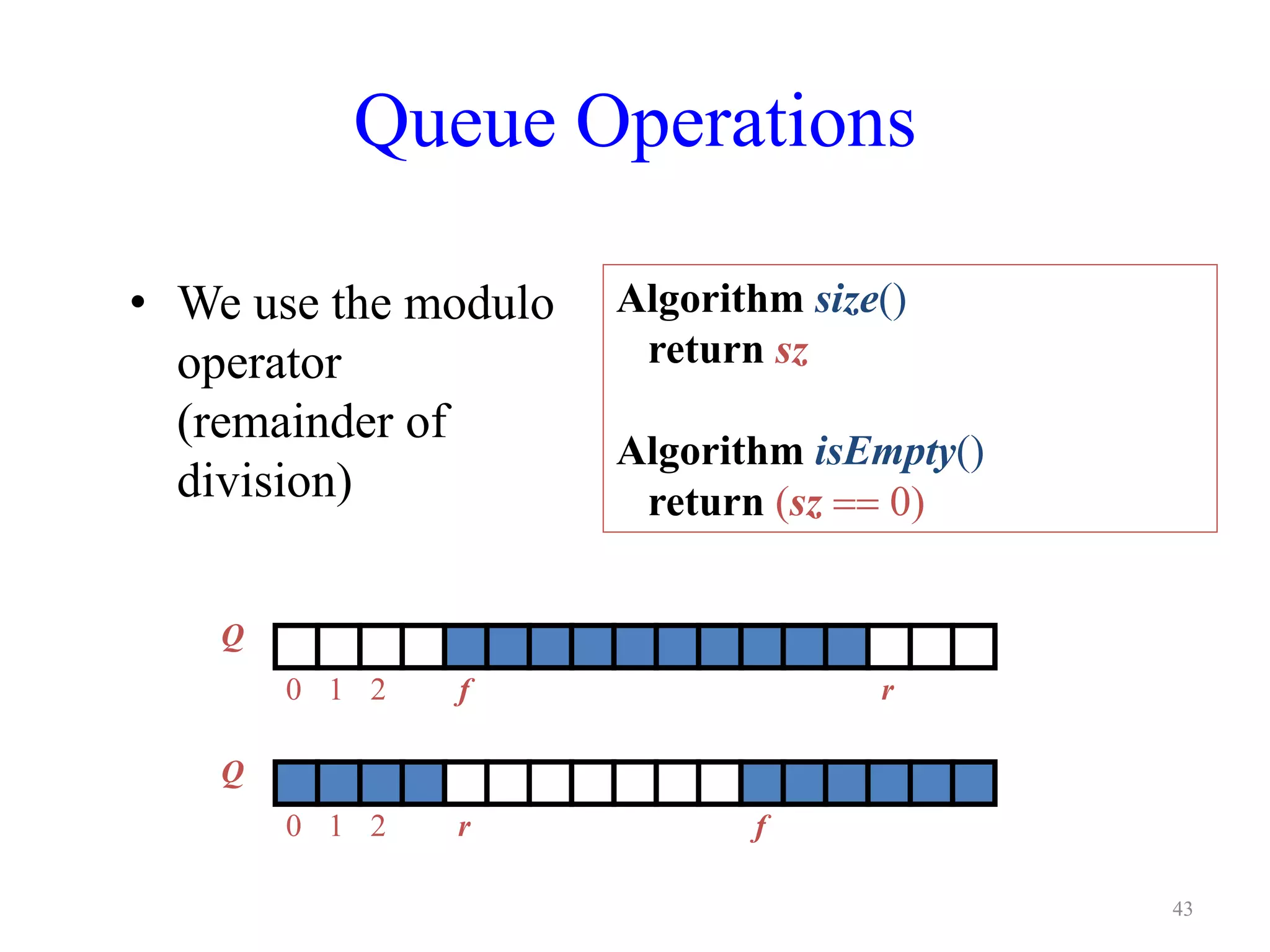 Queue Operations
• We use the modulo
operator
(remainder of
division)
Algorithm size()
return sz
Algorithm isEmpty()
return (sz == 0)
Q
0 1 2 rf
Q
0 1 2 fr
43
 