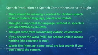 Speech Production <> Speech Comprehension <> thought
• There should be meaning + context for children speech
to be considered language, parrots can imitate.
• Thought is important for language, without it, speech is
just MEANINGLESS SOUNDS.
• Thought come from surrounding culture, environment.
• If you repeat the word (milk) for Arabian child it means
nothing (the converse is true).
• Words like (here, go, come, now) are just sounds if you
don’t know the context.
6/1/2016Abdulaziz Assanosi azizsanosi@gmail.com 24
 