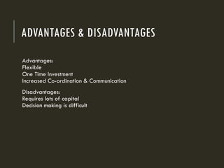 ADVANTAGES & DISADVANTAGES
Advantages:
Flexible
One Time Investment
Increased Co-ordination & Communication
Disadvantages:
Requires lots of capital
Decision making is difficult
 