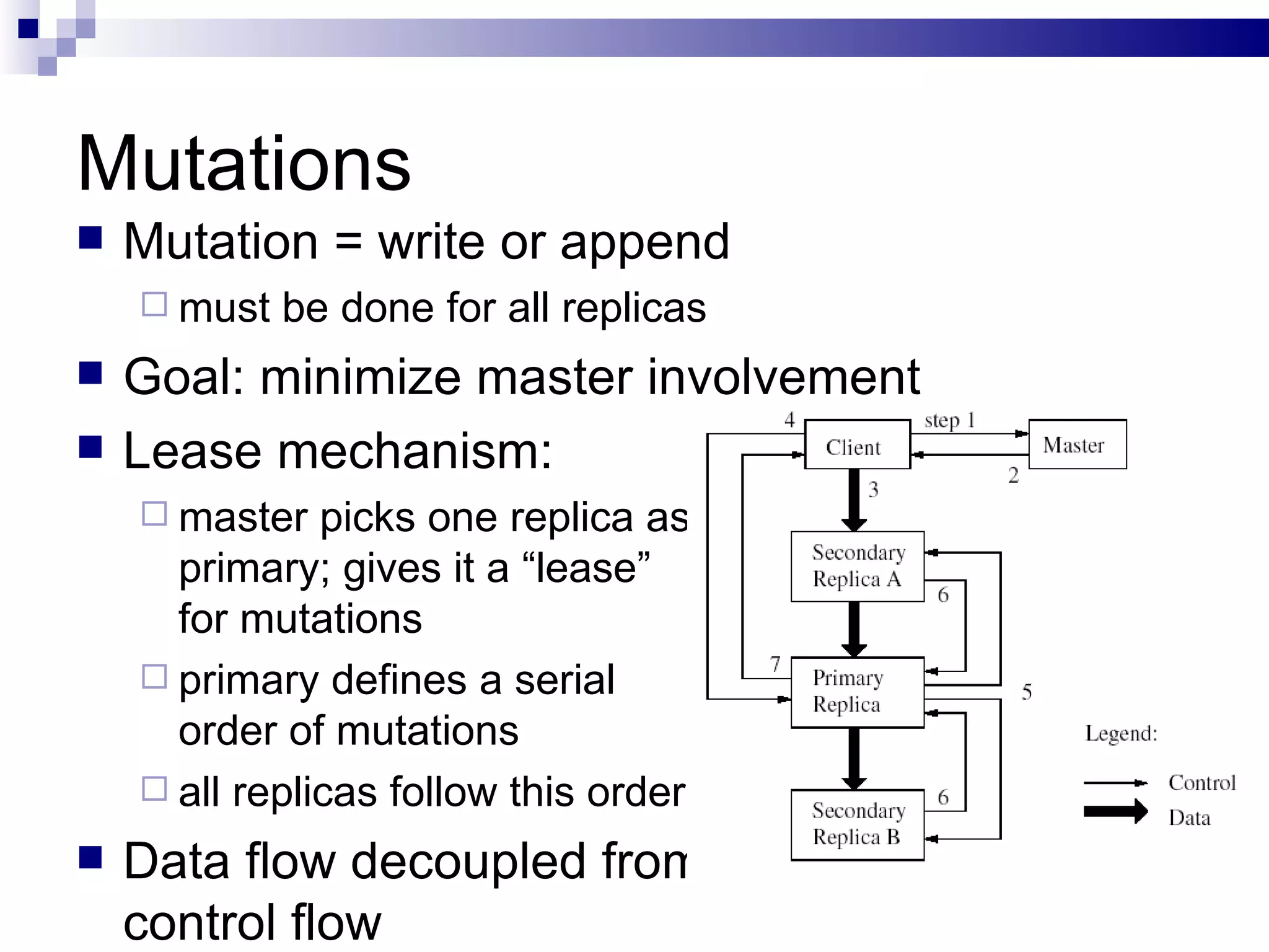 Mutations Mutation = write or append must be done for all replicas Goal: minimize master involvement Lease mechanism: master picks one replica as primary; gives it a “lease”  for mutations primary defines a serial  order of mutations all replicas follow this order Data flow decoupled from control flow 