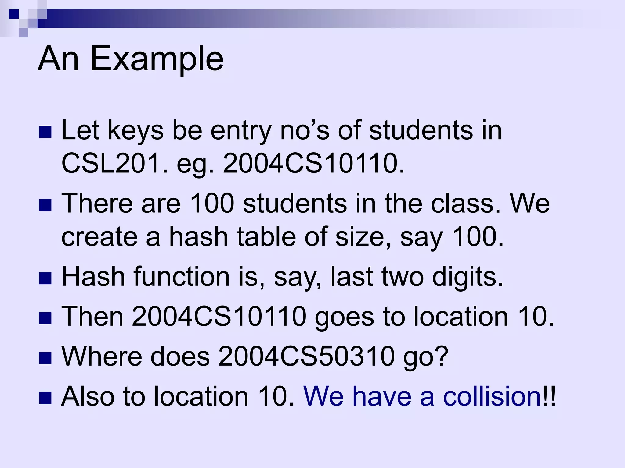 An Example
 Let keys be entry no’s of students in
  CSL201. eg. 2004CS10110.
 There are 100 students in the class. We
  create a hash table of size, say 100.
 Hash function is, say, last two digits.
 Then 2004CS10110 goes to location 10.
 Where does 2004CS50310 go?
 Also to location 10. We have a collision!!
 