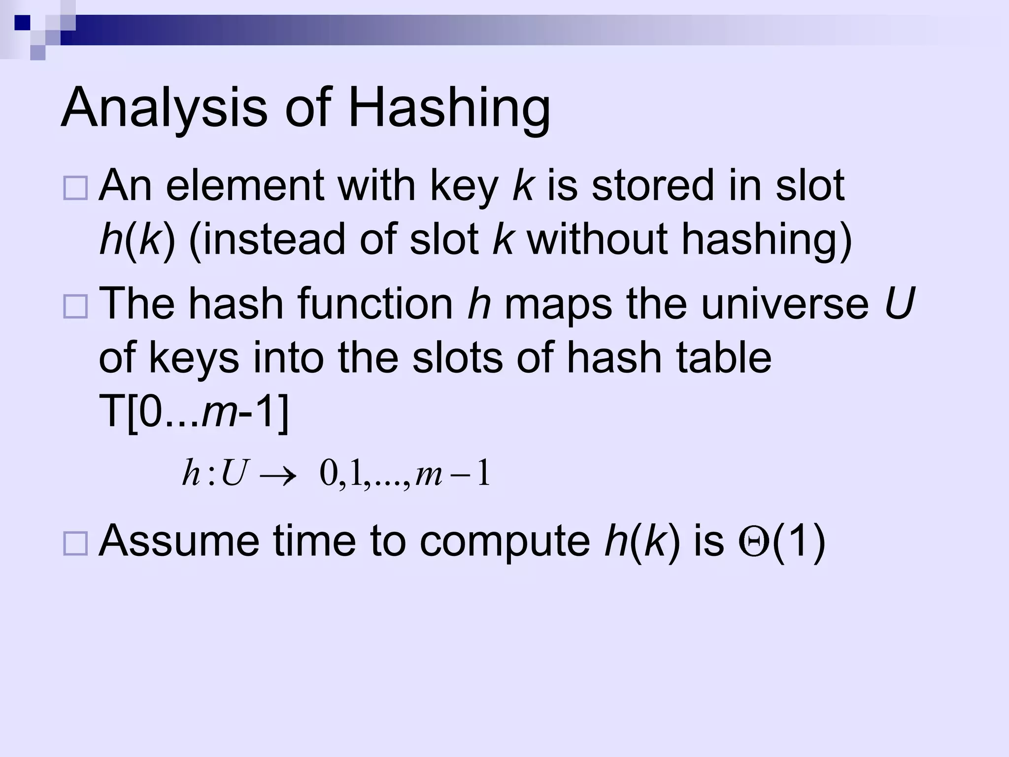 Analysis of Hashing
 An  element with key k is stored in slot
  h(k) (instead of slot k without hashing)
 The hash function h maps the universe U
  of keys into the slots of hash table
  T[0...m-1]
       h :U     0,1,..., m 1
 Assume      time to compute h(k) is   (1)
 