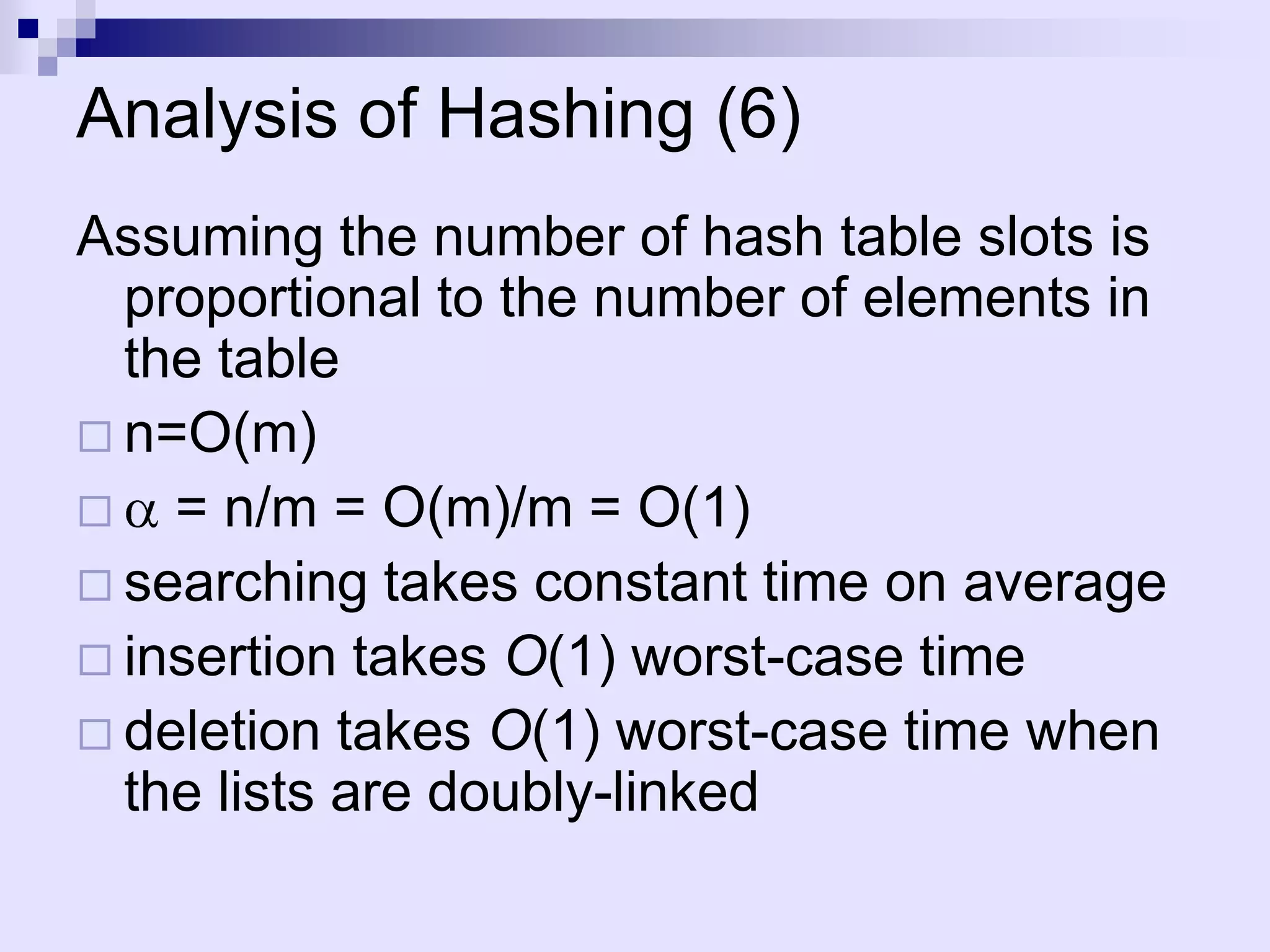 Analysis of Hashing (6)
Assuming the number of hash table slots is
  proportional to the number of elements in
  the table
 n=O(m)
 = n/m = O(m)/m = O(1)
 searching takes constant time on average
 insertion takes O(1) worst-case time
 deletion takes O(1) worst-case time when
  the lists are doubly-linked
 