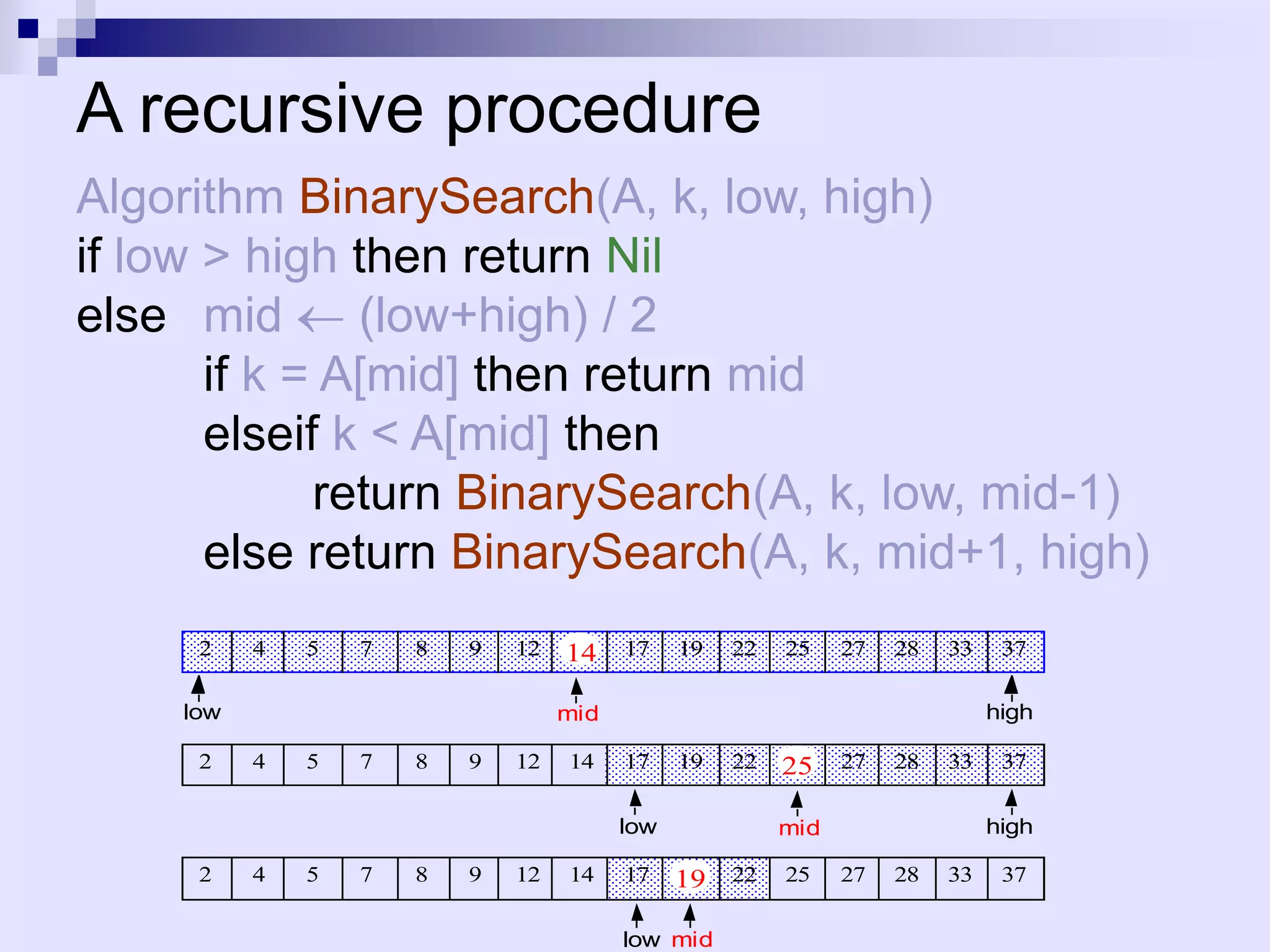 A recursive procedure
Algorithm BinarySearch(A, k, low, high)
if low > high then return Nil
else mid       (low+high) / 2
       if k = A[mid] then return mid
       elseif k < A[mid] then
             return BinarySearch(A, k, low, mid-1)
       else return BinarySearch(A, k, mid+1, high)
     2    4   5   7   8   9   12   14    17    19   22   25    27   28   33    37

    low                            mid                                        high

     2    4   5   7   8   9   12   14    17    19   22   25    27   28   33    37

                                         low             mid                  high

     2    4   5   7   8   9   12   14    17    19 22     25    27   28   33    37

                                         low mid
 