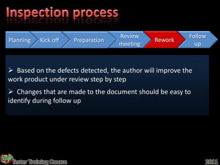 Review             Follow
Planning    Kick off      Preparation             Rework
                                        meeting              up



 Based on the defects detected, the author will improve the
work product under review step by step
 Changes that are made to the document should be easy to
identify during follow up




 Tester Training Course                                         2011
 