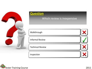 Question
                                      Which review is inexpensive



                         Walkthrough


                         Informal Review


                         Techincal Review


                         Inspection




Tester Training Course                                              2011
 