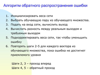 Алгоритм обратного распространения ошибки Инициализировать веса сети Выбрать обучающую пару из обучающего множества. Подать на вход сети, вычислить выход Вычислить разность между реальным выходом и требуемым выходом Подкорректировать веса сети, так чтобы уменьшить ошибку Повторять шаги 2-5 для каждого вектора из обучающего множества, пока ошибка не достигнет приемлемого уровня Шаги 2, 3 – проход вперед Шаги 4, 5 – обратный проход  