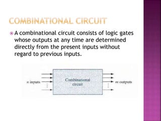  A combinational circuit consists of logic gates
whose outputs at any time are determined
directly from the present inputs without
regard to previous inputs.