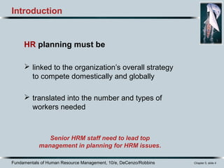 Fundamentals of Human Resource Management, 10/e, DeCenzo/Robbins Chapter 5, slide 4
HR planning must be
 linked to the organization’s overall strategy
to compete domestically and globally
 translated into the number and types of
workers needed
Senior HRM staff need to lead top
management in planning for HRM issues.
Introduction
 