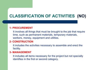 CLASSIFICATION OF ACTIVITIES (NO)
1- PROCUREMENT
It involves all things that must be brought to the job that require
time, such as permanent materials, temporary materials,
workers, money, equipment and utilities.
2- CONSTRUCTION
It includes the activities necessary to assemble and erect the
facility.
3- MANAGEMENT
It includes all items necessary for the project but not specially
identifies in the first or second category.
 