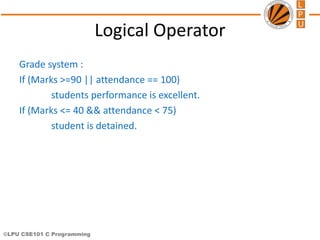 ©LPU CSE101 C Programming
Logical Operator
Grade system :
If (Marks >=90 || attendance == 100)
students performance is excellent.
If (Marks <= 40 && attendance < 75)
student is detained.
 