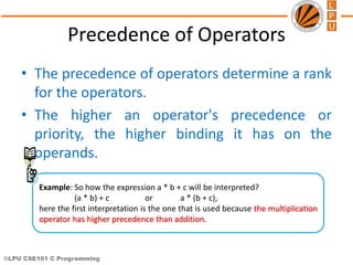 ©LPU CSE101 C Programming
Precedence of Operators
Example: So how the expression a * b + c will be interpreted?
(a * b) + c or a * (b + c),
here the first interpretation is the one that is used because the multiplication
operator has higher precedence than addition.
• The precedence of operators determine a rank
for the operators.
• The higher an operator's precedence or
priority, the higher binding it has on the
operands.
 