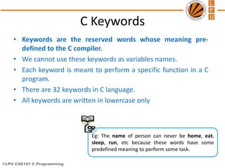©LPU CSE101 C Programming
C Keywords
• Keywords are the reserved words whose meaning pre-
defined to the C compiler.
• We cannot use these keywords as variables names.
• Each keyword is meant to perform a specific function in a C
program.
• There are 32 keywords in C language.
• All keywords are written in lowercase only
Eg: The name of person can never be home, eat,
sleep, run, etc because these words have some
predefined meaning to perform some task.
 