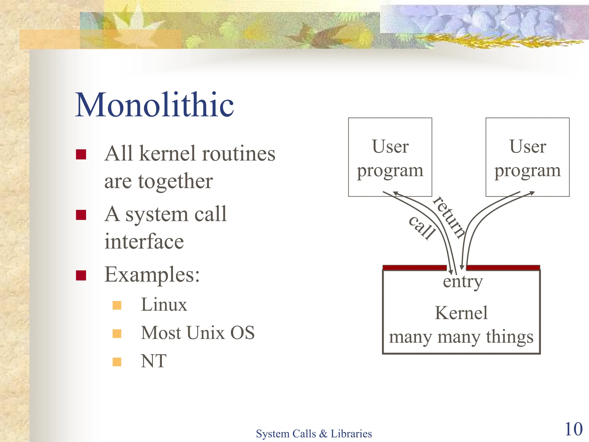 System Calls & Libraries 10
Monolithic
 All kernel routines
are together
 A system call
interface
 Examples:
 Linux
 Most Unix OS
 NT
Kernel
many many things
entry
User
program
User
program
 