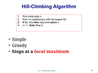 20
Hill-Climbing Algorithm
1. Pick initial state s
2. Pick t in neighbors(s) with the largest f(t)
3. if f(t) <f(s) then stop and return s
4. s = t. Goto Step 2.
• Simple
• Greedy
• Stops at a local maximum
AI - 4: Local Searching
 